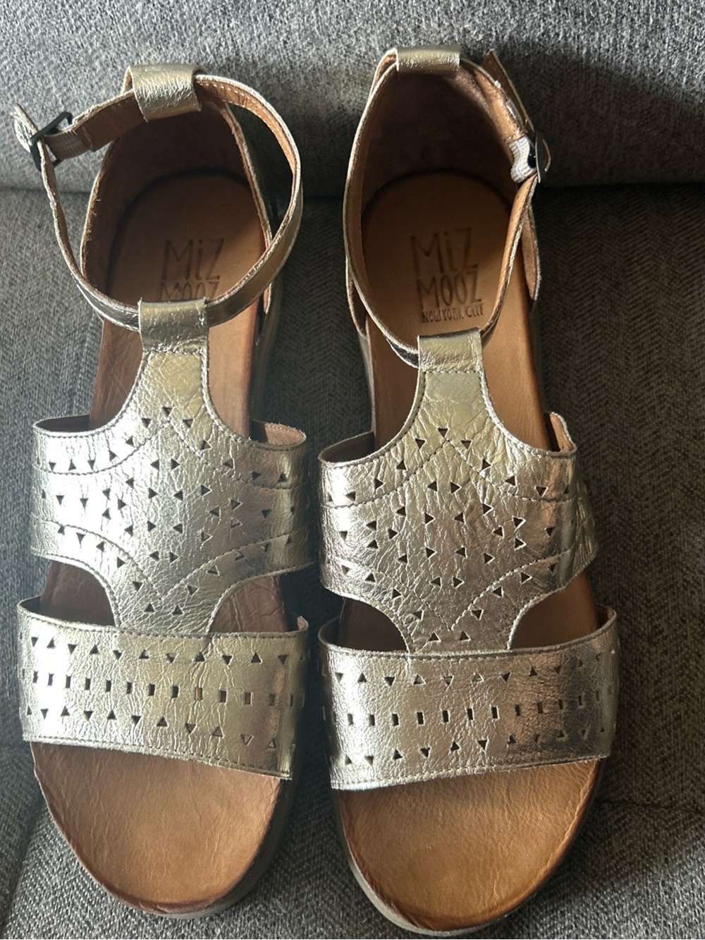 Miz Mooz Metallic gold Laser-Cut T-Strap Sandals